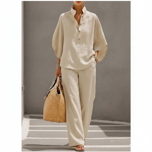🔥Women's Batwing Sleeve Two-Piece Set – Casual Shirt & Wide Leg Pants Outfit
