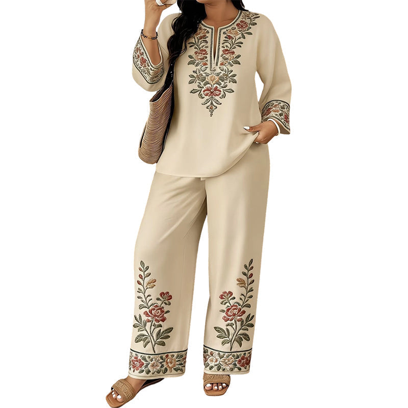Women's Long Sleeve Blouse & Wide-Leg Trousers Set