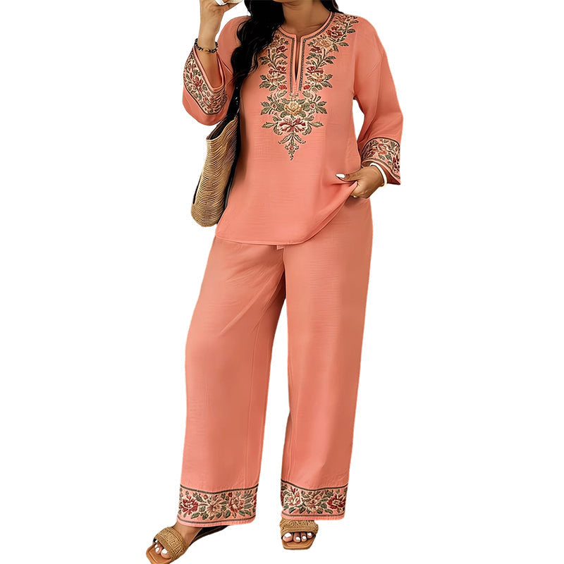 Women's Long Sleeve Blouse & Wide-Leg Trousers Set